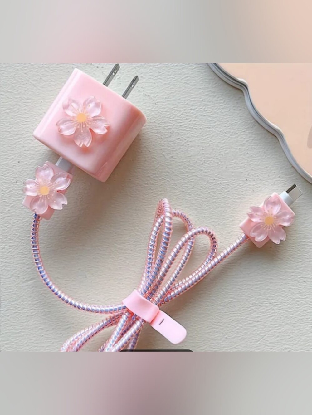 Pink 3D Sakura Charger Block & Cable Protector Set - Kawaii Floral Desk Decor